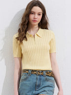 2026 Summer New Elegant Women T-shirt Hollow Jacquard Polo Collar Knit Top Women Slim Figure Flattering Versatile Tee - Matrix-studios.com