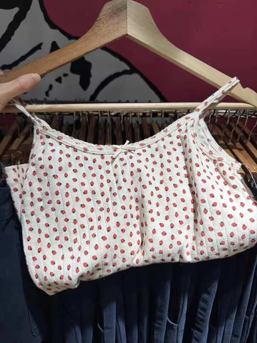 Strawberry Vest Shorts 2 Pieces Set Woman Eyelet Bow Slim Tank Top with Elastic Waist Patchwork Straight Short Pant Sweet Sets - Matrix-studios.com