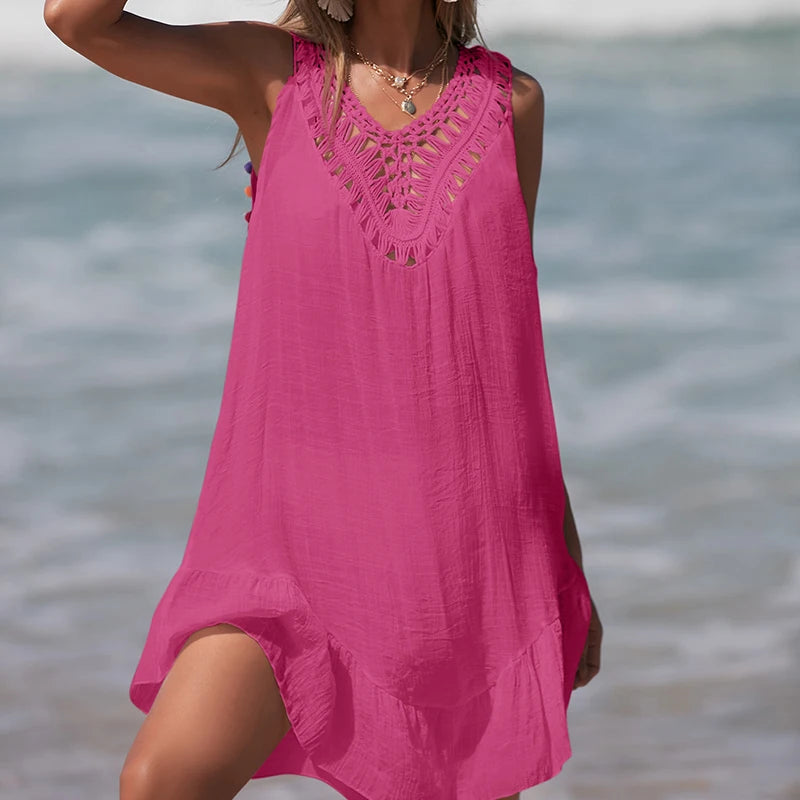 Women V-Neck Backless Hollow Out Short Dress Crochet Splicing Wooden Ear Dress With Colored Balls Beach Swimsuit Cover Up - Matrix Studios