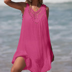 Women V-Neck Backless Hollow Out Short Dress Crochet Splicing Wooden Ear Dress With Colored Balls Beach Swimsuit Cover Up - Matrix Studios