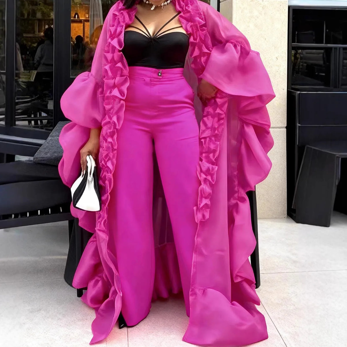 Two Pieces Women Pant Sets Solid Matching Set Pleated Lace Puff Sleeves Long Cardigan Wide Leg Pants Loose Casual 2026 Spring - Matrix-studios.com