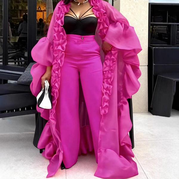 Two Pieces Women Pant Sets Solid Matching Set Pleated Lace Puff Sleeves Long Cardigan Wide Leg Pants Loose Casual 2026 Spring - Matrix-studios.com