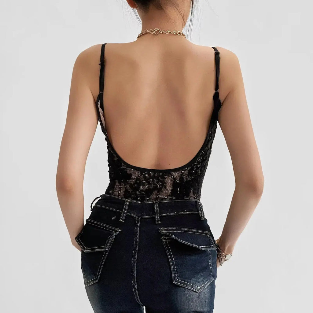 Sexy See Through Lace With Lining Backless Spaghetti Strap Bodysuit Woman Sling Tight Short Jumpsuit Slim Fit Rompers Playsuits - Matrix-studios.com