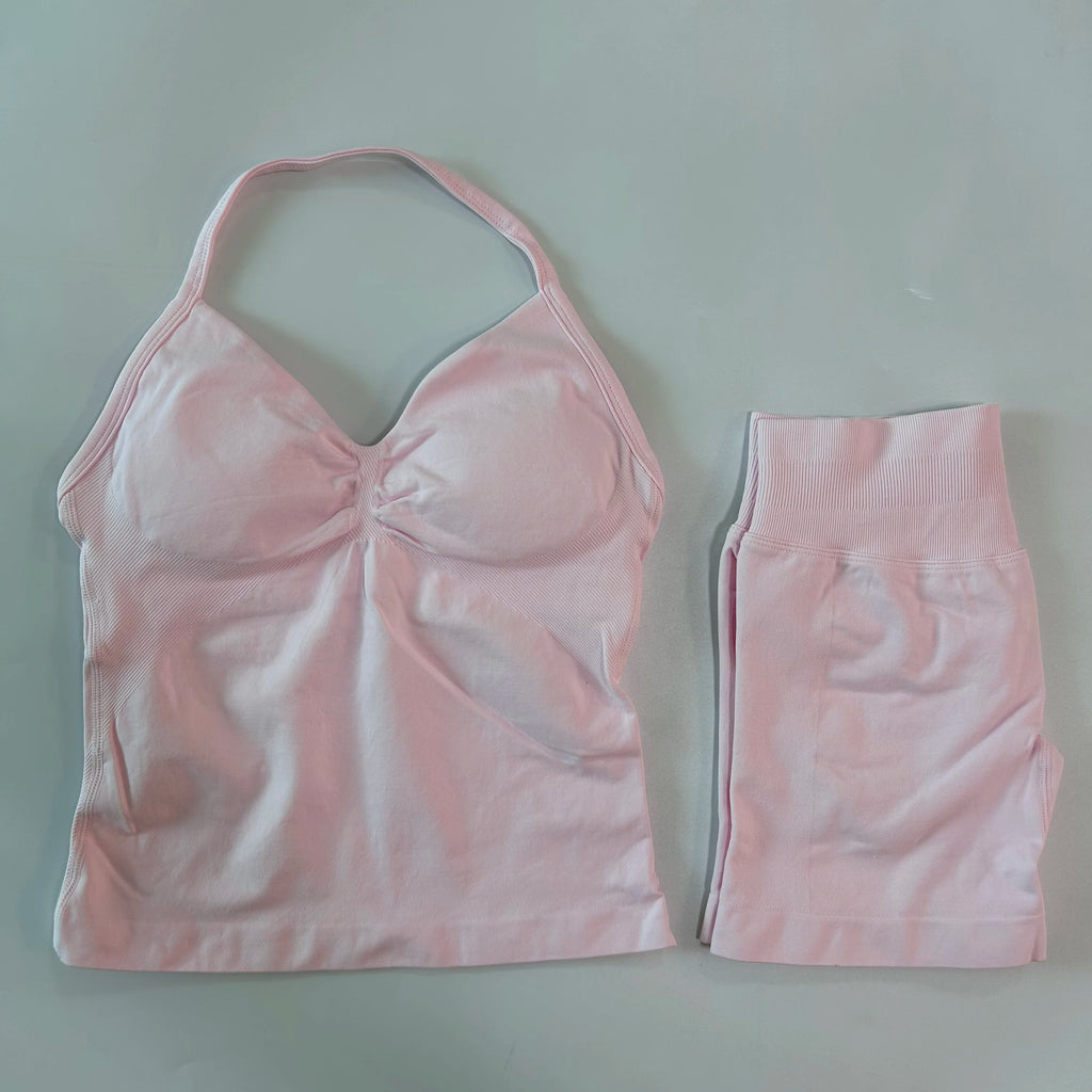 No Logo 2Pcs Gym Set Women Backless Tank Tops High Waist Scrunch Seamless Shorts Gym Suit Fitness Clothes Activewear Workout Set - Matrix-studios.com