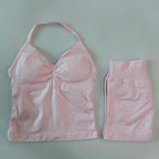 No Logo 2Pcs Gym Set Women Backless Tank Tops High Waist Scrunch Seamless Shorts Gym Suit Fitness Clothes Activewear Workout Set - Matrix-studios.com