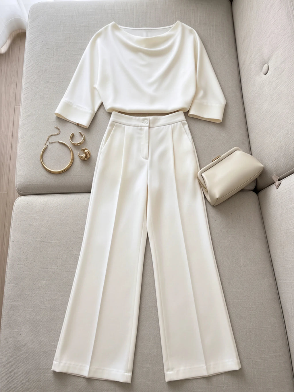 Draped Cowl Neck Half Sleeve Top And High Waist Wide Leg Pants Two Piece Outfit Set With Side Pockets Elegant Formal Matching Suit For Women - Matrix-studios.com