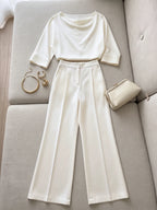 Draped Cowl Neck Half Sleeve Top And High Waist Wide Leg Pants Two Piece Outfit Set With Side Pockets Elegant Formal Matching Suit For Women - Matrix-studios.com
