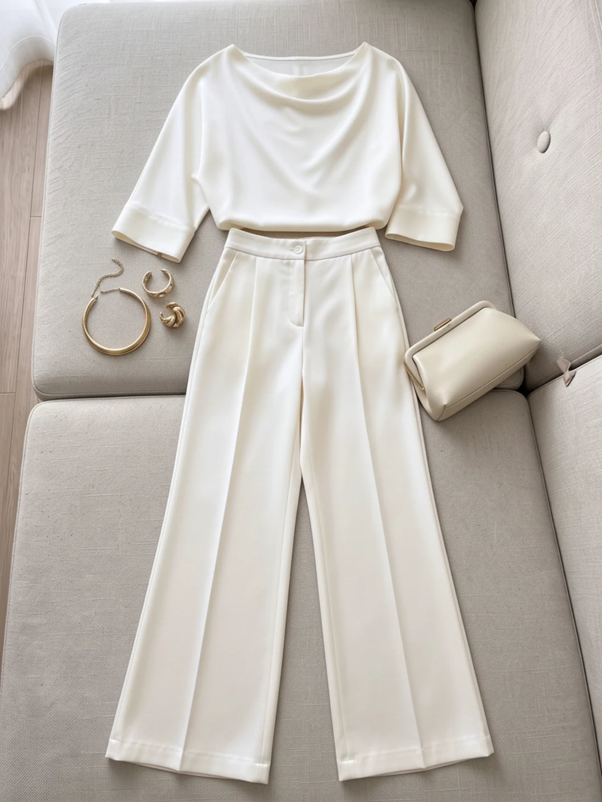Draped Cowl Neck Half Sleeve Top And High Waist Wide Leg Pants Two Piece Outfit Set With Side Pockets Elegant Formal Matching Suit For Women - Matrix-studios.com