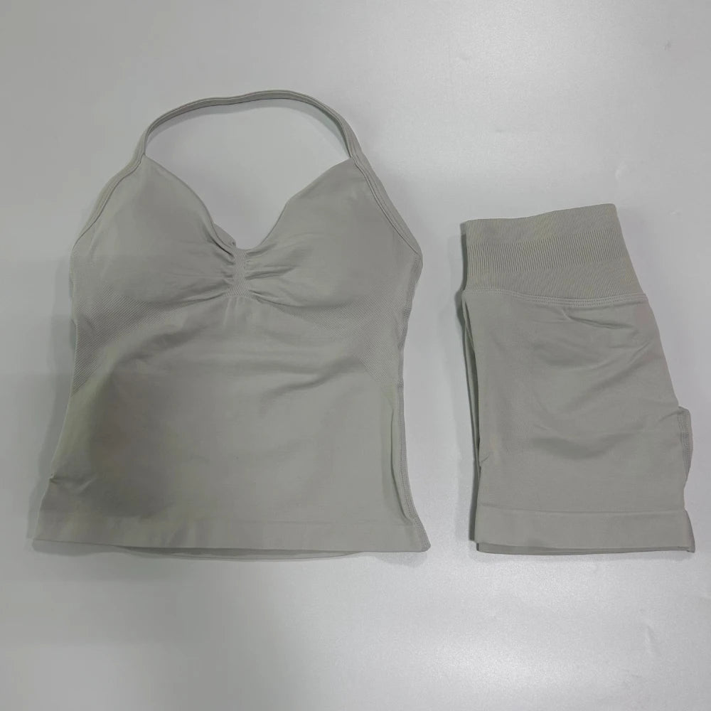 No Logo 2Pcs Gym Set Women Backless Tank Tops High Waist Scrunch Seamless Shorts Gym Suit Fitness Clothes Activewear Workout Set - Matrix-studios.com