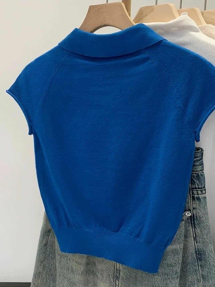 AOSSVIAO Fashion Solid Color Short Sleeve Knit Top 2026 New Summer Navy Polo Collar Women T-Shirt Unique Chic Casual Tee - Matrix-studios.com