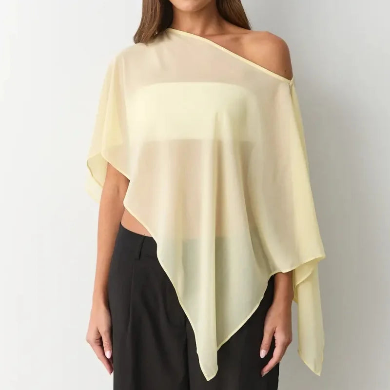 Womens Sheer Mesh Poncho Y2k Loose Solid Boat Neck Irregular Shrug Trendy Casual See Through Off Shoulder Beach Coverup Top New - Matrix Studios