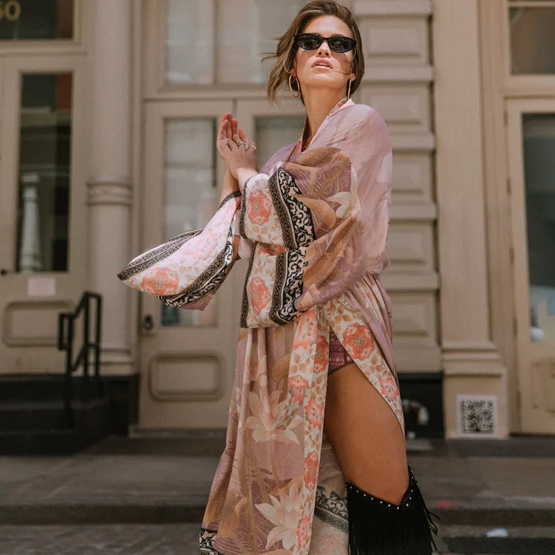 Floal Bikini Cover-ups Pink Boho Print Self Belted Front Open Long Kimono Dress Beach Tunic Women Swim Suit Cover Up - Matrix Studios