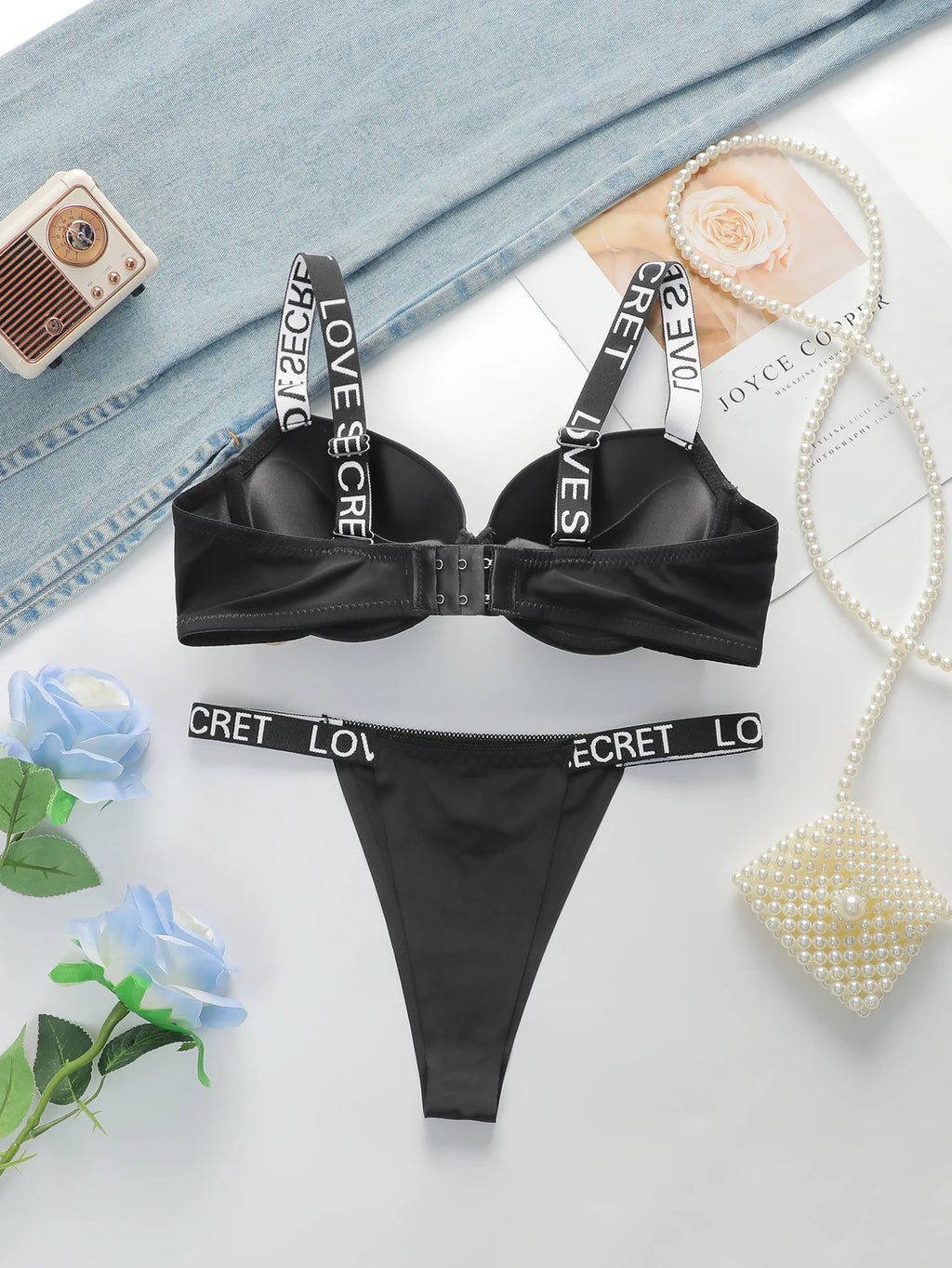 The Best-selling Sexy Gathering Promotion Style Glossy Letter Shoulder Strap Two-piece Women's Underwear Set B2050 - Matrix-studios.com