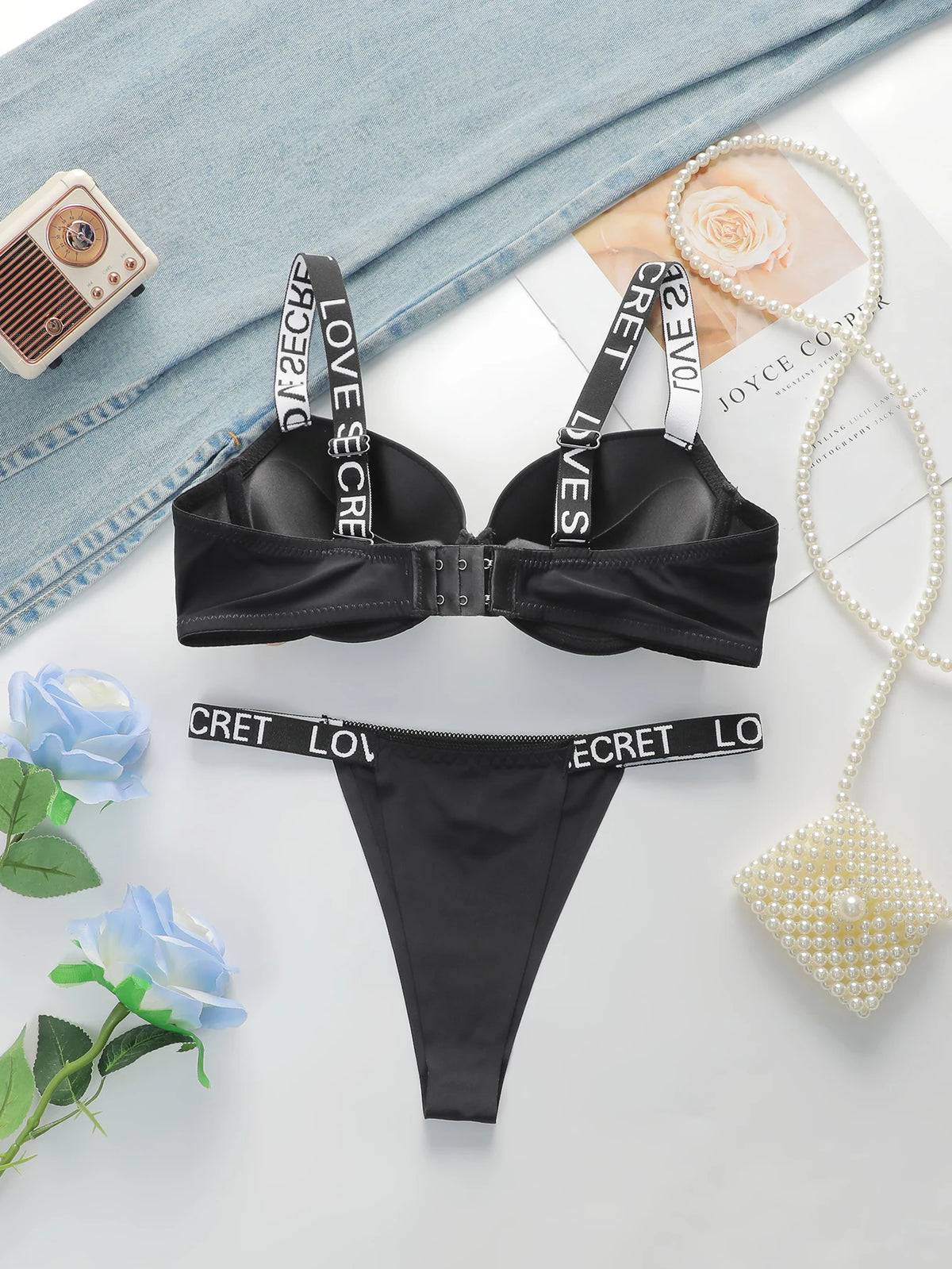 The Best-selling Sexy Gathering Promotion Style Glossy Letter Shoulder Strap Two-piece Women's Underwear Set B2050 - Matrix-studios.com