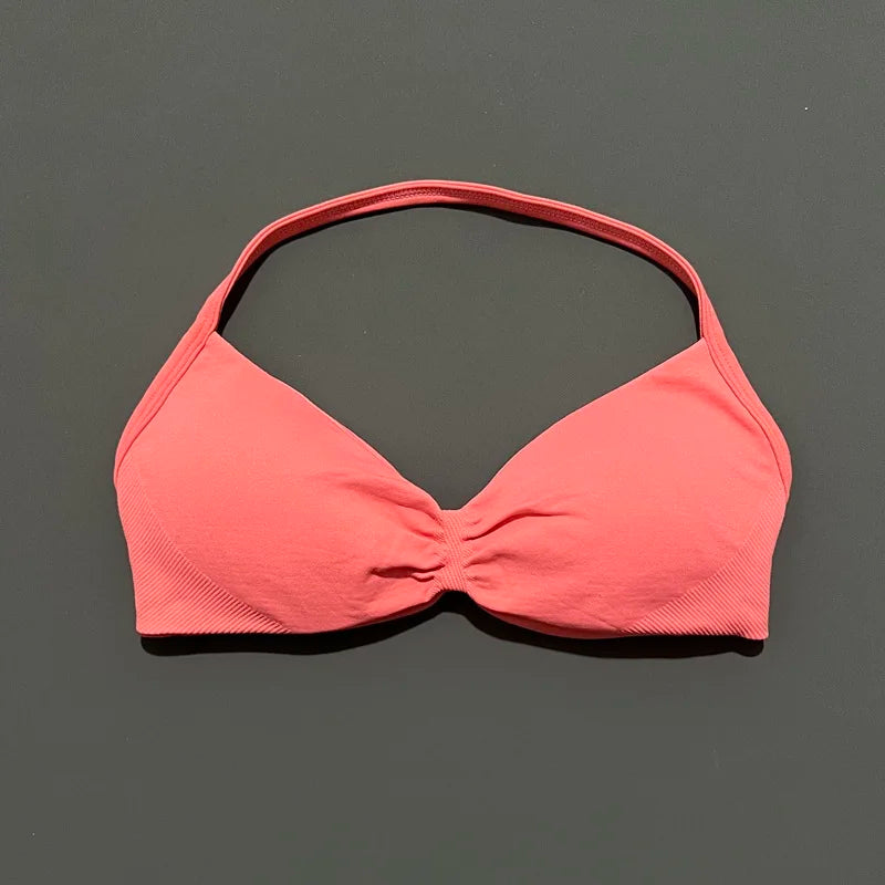 HISTELLO Strappy Bra Gym Top Women High Support Thin Strap Halter Sports Seamless Bras Scrunch Push-up Workout Yoga Tank Tops - Matrix Studios