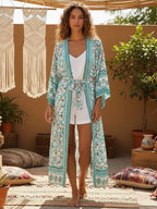 Vintage Chic Women Yellow Floral Print Beach Bohemian Kimono Ladies V Neck Batwing Sleeves Maxi Robe Boho Bikini Cover-ups - Matrix Studios