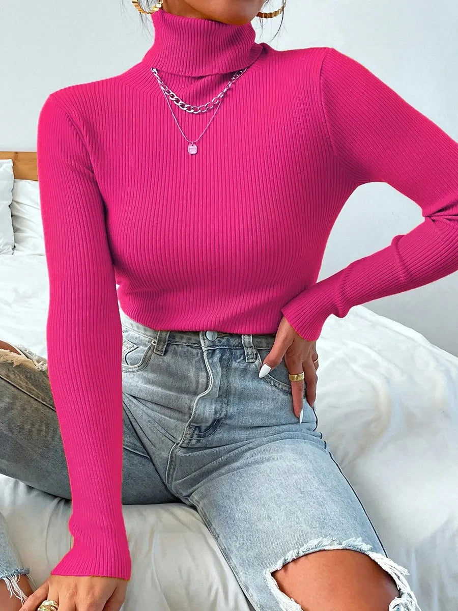2026 Autumn Winter Women Long Sleeve Knitted Foldover Turtleneck Ribbed Pull Sweater Soft Warm Femme Jumper Pullover Clothes - Matrix Studios