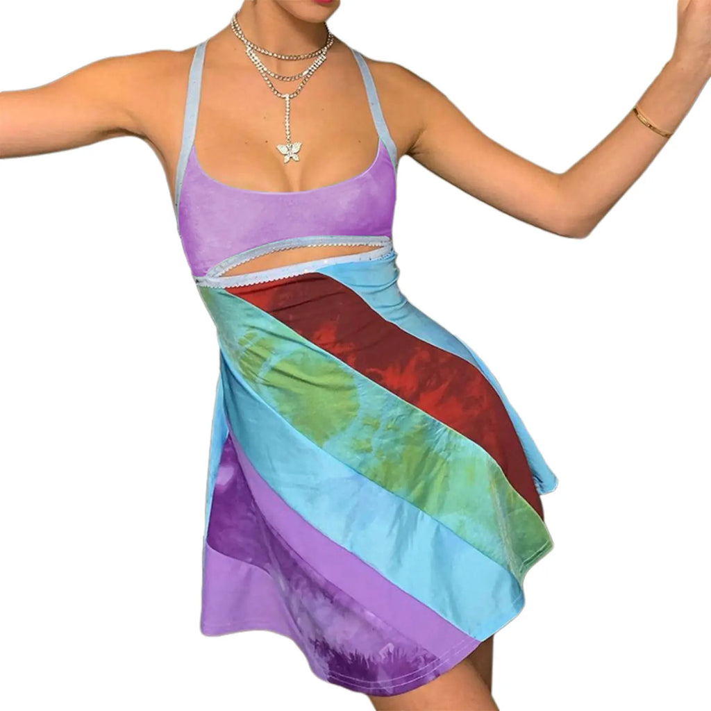 2024 New Women’s Casual Sweet Suspender A-line Dress Fashion Contrast Color U-neck Hollow Short Dress - Matrix-studios.com