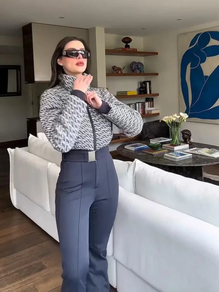 Elegant Print Thicken Women Ski Jumpsuit Full Sleeve Stand Collar Zipper Belt Long Romper 2025 Warm High Waist Female Rompers - Matrix Studios
