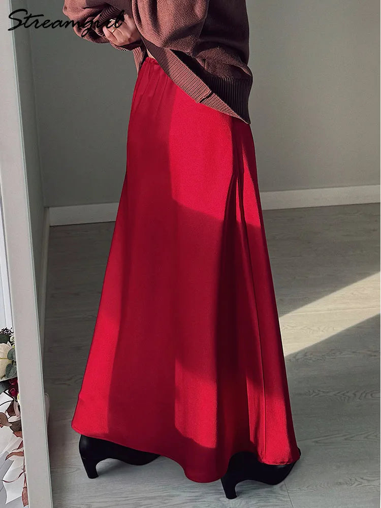 Brown Long Satin Skirts Women Luxury Maxi Autumn Summer High Waist Silk Black Skirt Long Straight Shining Beige Satin Skirt Maxi - Matrix-studios.com