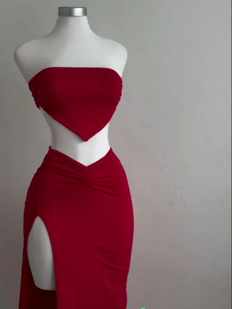 Strapless Backless Crop Top High Waist Skirt 2 Piece Set Women Summer Sexy Slim Fit Split Midi Dress Tube Suits Party Club Sets - Matrix-studios.com