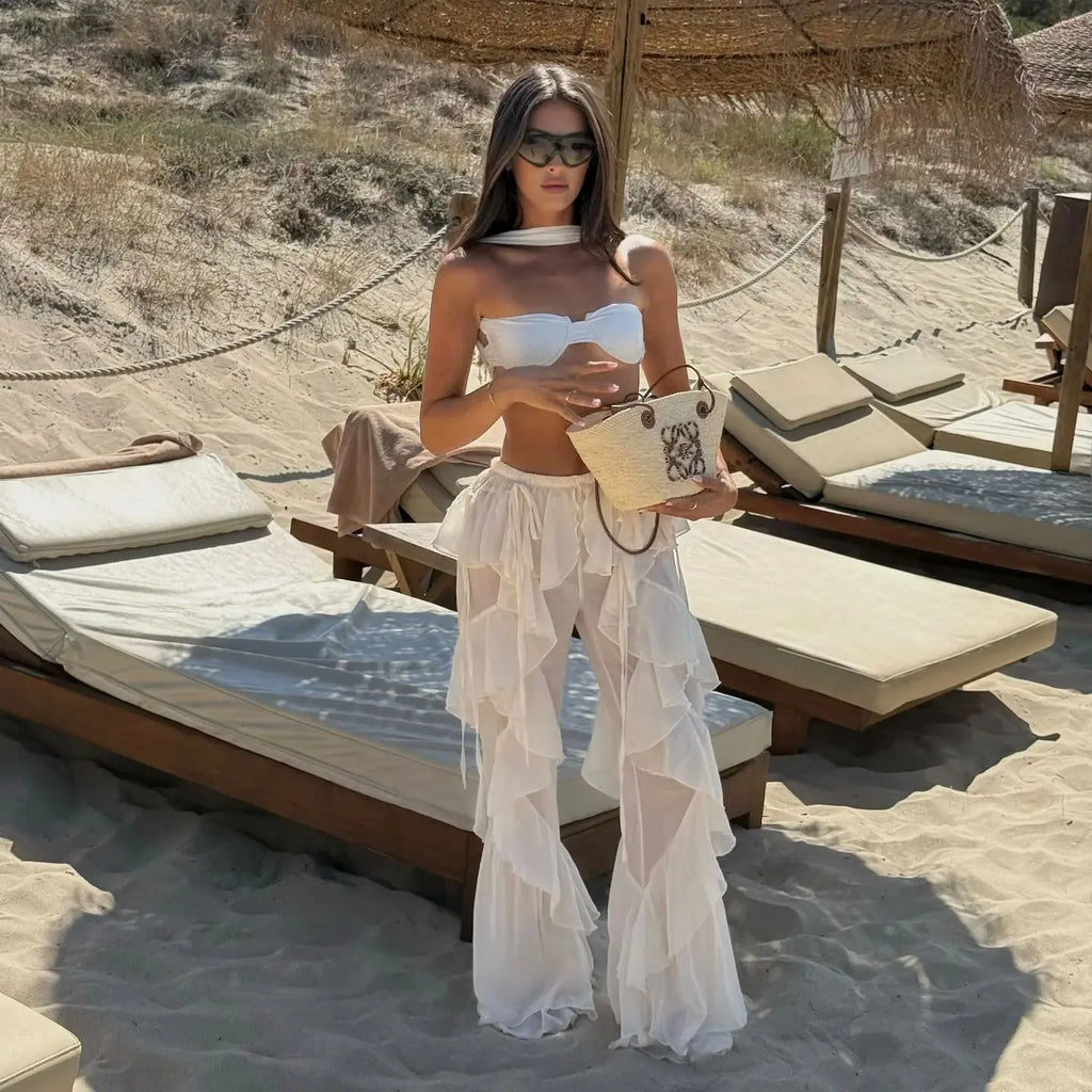 Cover-ups Ruffle Pants Summer Women Beach Wear White Cotton Tunic Mesh Pants Sarong Wrap Skirt Swimsuit Cover Up - Matrix Studios