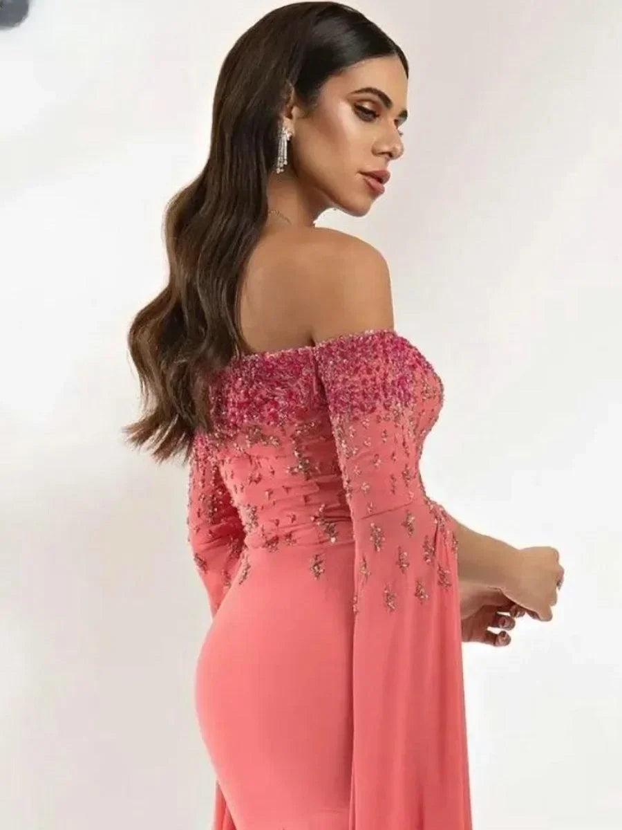 Customized Half Sleeve Sequined Beading Off The Shoulder Ribbons for Woman Formal Wedding Guest Evening Prom Cocktail Dresses - Matrix Studios