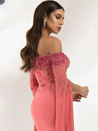 Customized Half Sleeve Sequined Beading Off The Shoulder Ribbons for Woman Formal Wedding Guest Evening Prom Cocktail Dresses - Matrix Studios