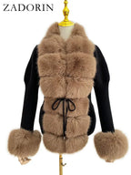 ZADORIN Autumn Winter Women Faux Fur Coat Luxury Knitted Sweater Fur Cardigan Detachable Collar White Pink Jacket Faux Fur Coats - Matrix Studios