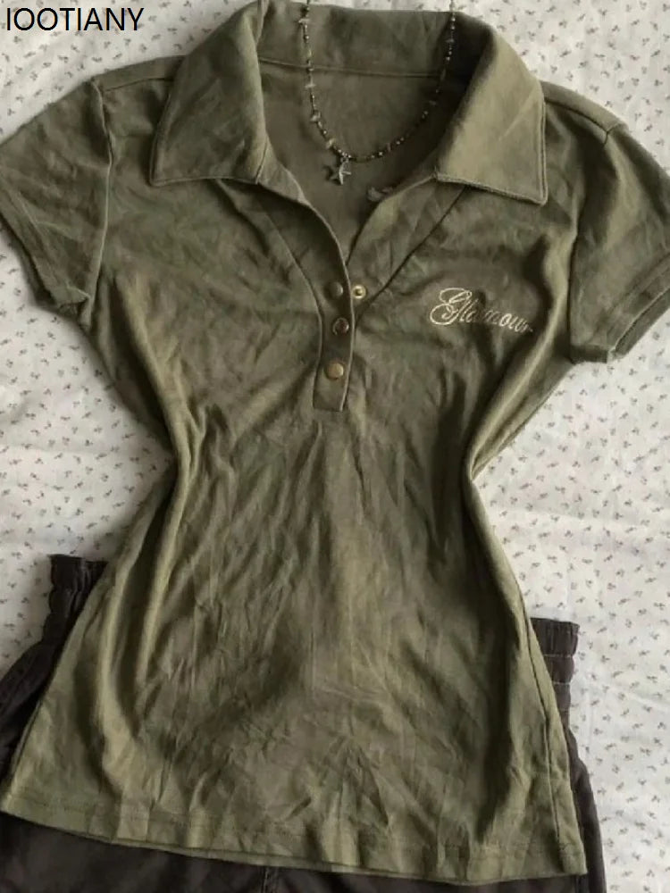 Vintage Polo Shirt Y2k Women's Gothic Style V-neck Slim Harajuku American Letter Print Punk Army Green Short Sleeve T-shirt 2025 - Matrix-studios.com