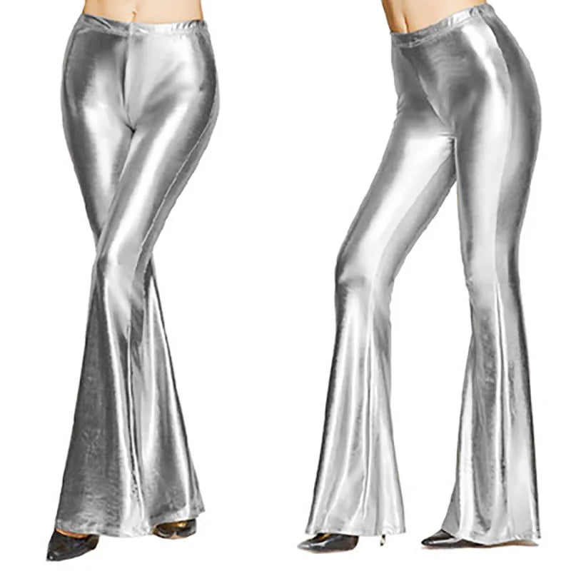 Women Shiny Flare Trousers Metallic Bell Bottoms Ruffle Wide Leg Pants Retro 70s Retro Disco Costume Stage Prom Club Trouser