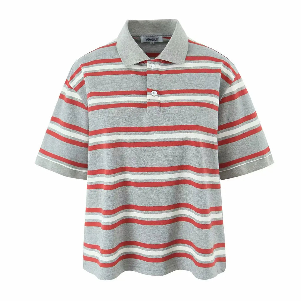 Summer Ladies Polo Shirts Woman Shorts Short Sleeve Brown Striped Vintage Clothes Polo Shirts Mujer Streetwear Crop Tops Casual - Matrix-studios.com