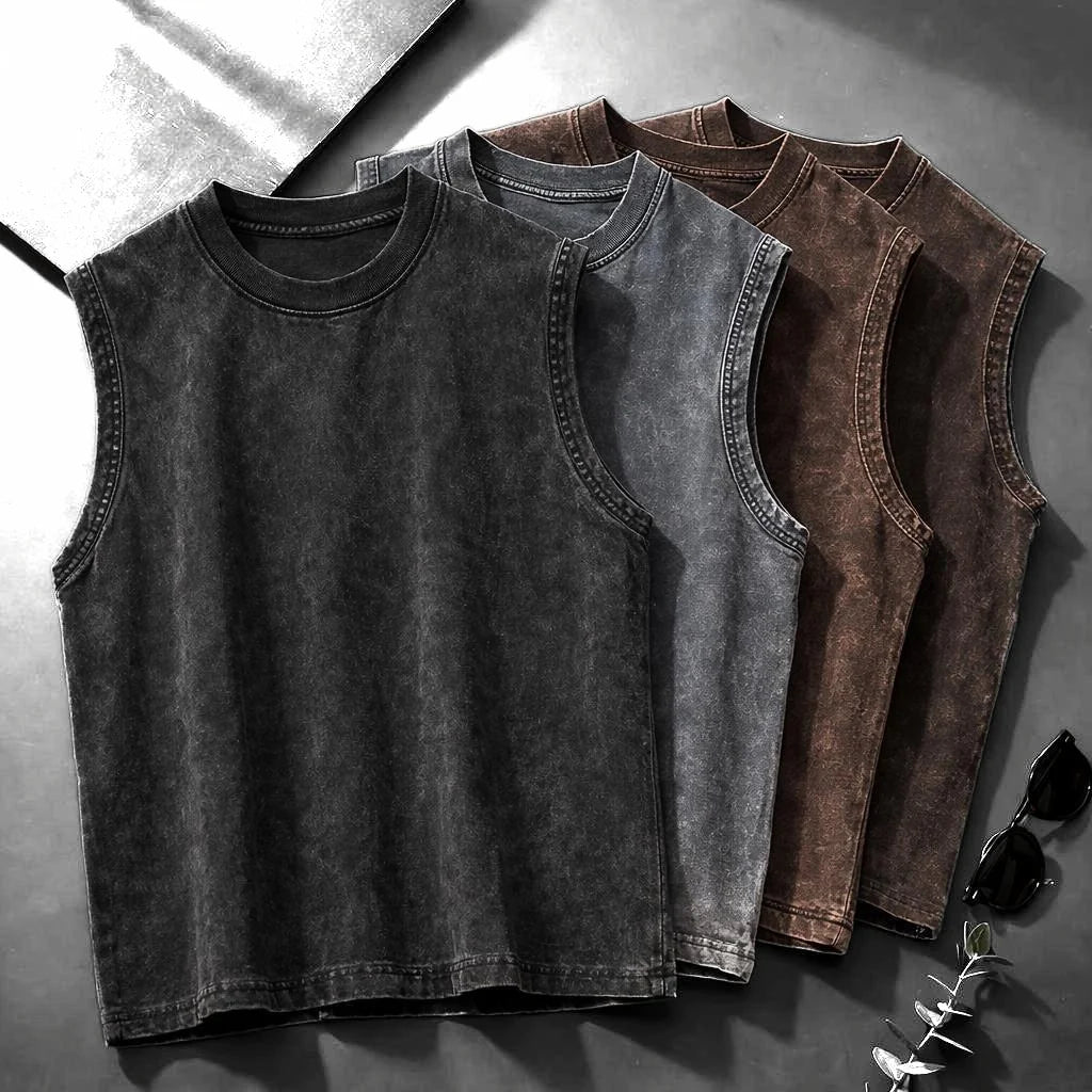 Men's Washed Sleeveless Tank Top 230G Heavyweight 100% Cotton Vintage Oversized Casual Summer Streetwear Shirt Vest - Matrix Studios