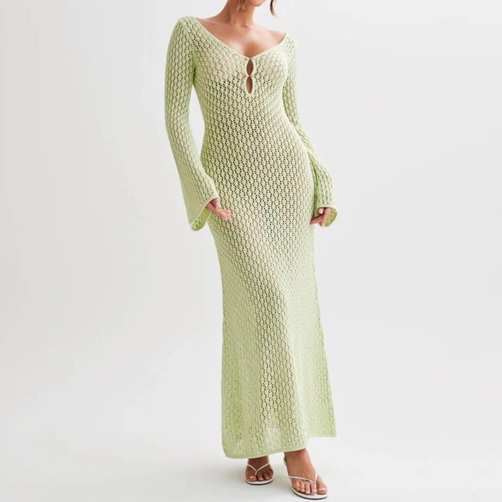 Yiiciovy Sexy Women Long Knit Beach Dress Hollow-Out Deep V-Neck Long Sleeve Bikini Cover-Ups Dress Fall Backless Holiday Dress - Matrix Studios