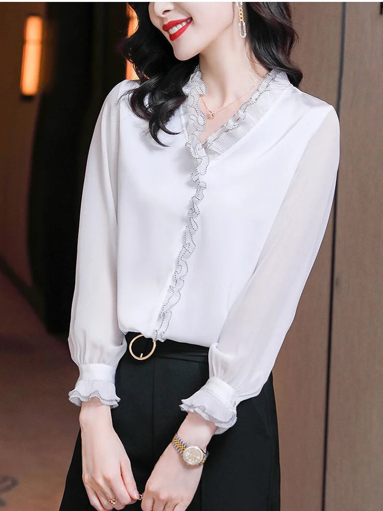 Elegant Women Chiffon Shirt Korean Blouse Office Lace Mesh Long Sleeve Ruffles V NeckTops Casual Vintage Pullovers Blusas 2022 - Matrix-studios.com