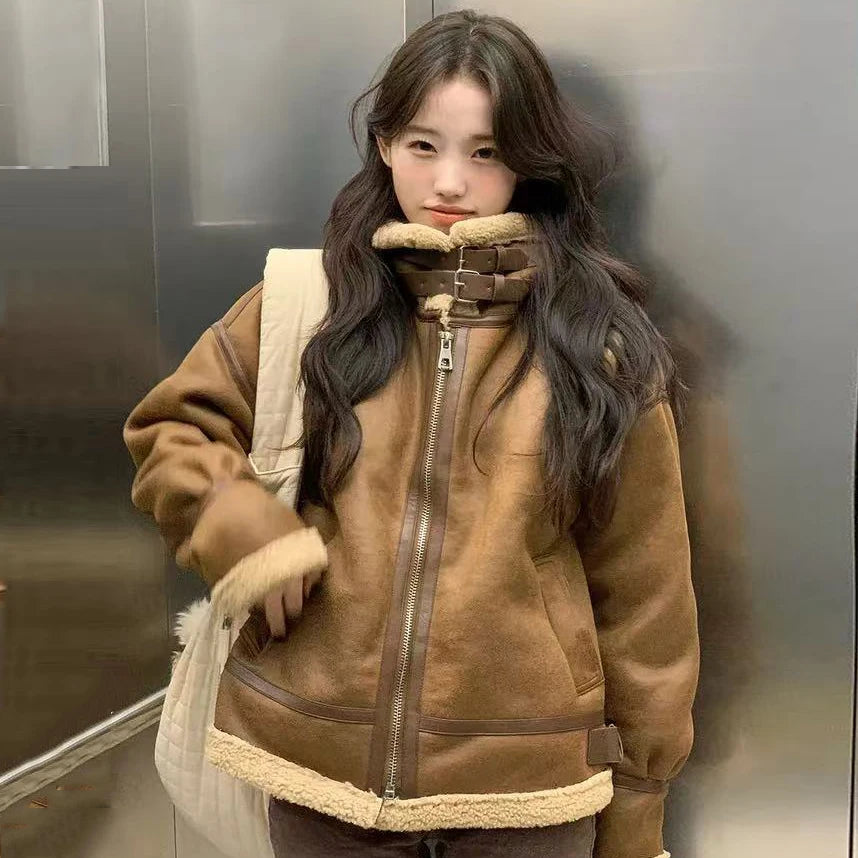 Korean Style Female Luxury Coats Zipper Fly Turtleneck Thick Warm Women Cashmere Fur Jacket Zipper Fly Pu Leather Patchwork Coat - Matrix Studios