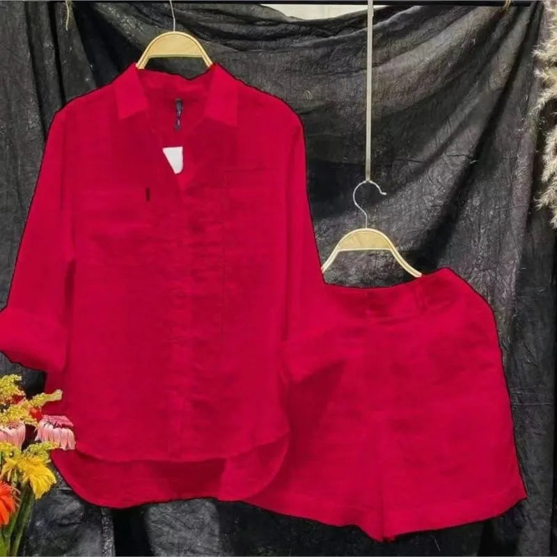 Summer Cotton Linen Casual Home 2 Piece Set For Women 2024 Fashion White Long Sleeve Shirt And Shorts Two Piece Sets Tracksuit - Matrix-studios.com