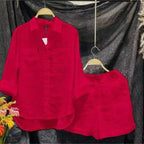 Summer Cotton Linen Casual Home 2 Piece Set For Women 2024 Fashion White Long Sleeve Shirt And Shorts Two Piece Sets Tracksuit - Matrix-studios.com