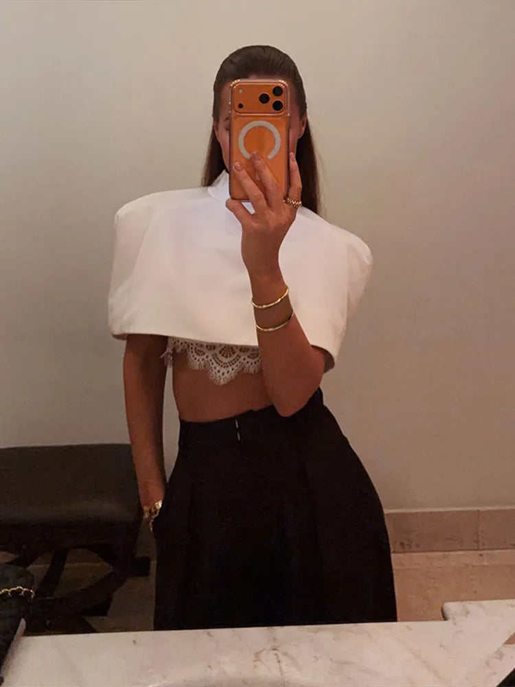 Elegant Women Shawl Cropped Top Shoulder Pads Stand Collar Short Sleeve Black Female T-shirt 2026 Spring Summer Lady Partywear - Matrix-studios.com