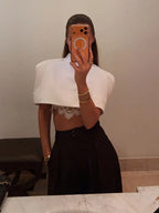 Elegant Women Shawl Cropped Top Shoulder Pads Stand Collar Short Sleeve Black Female T-shirt 2026 Spring Summer Lady Partywear - Matrix-studios.com