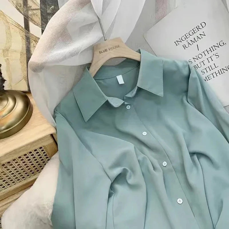 Women Chiffon White Shirts Korean Fashion Solid Loose Long Sleeve Tops Office Ladies Elegant Casual All Match Blouses Spring New - Matrix-studios.com