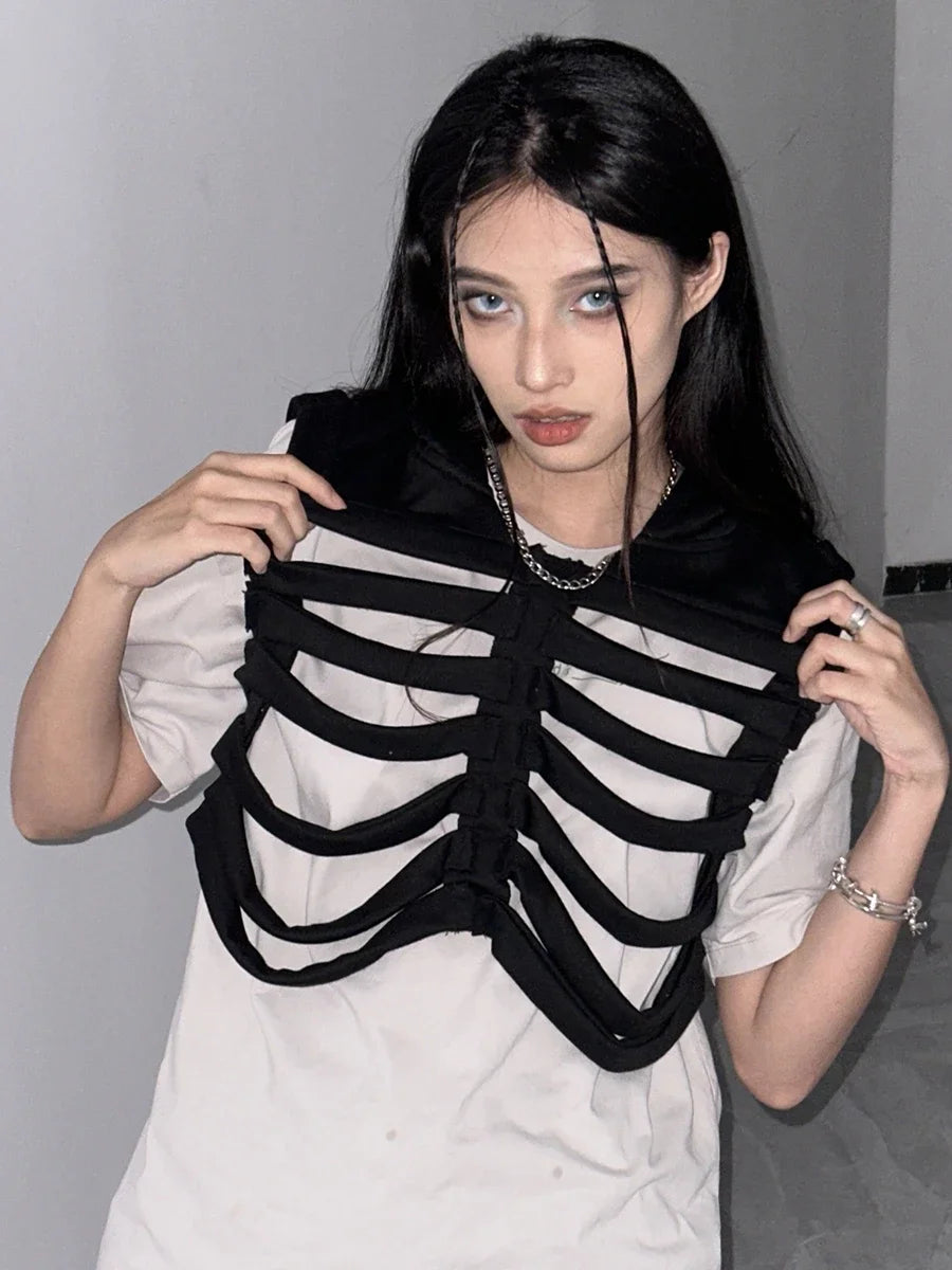 Women Gothic Vest Coat Hollowed Skeletal Gilet Hoodie Sleeveless Hooded Waistcoat Streetwear for Party - Matrix Studios