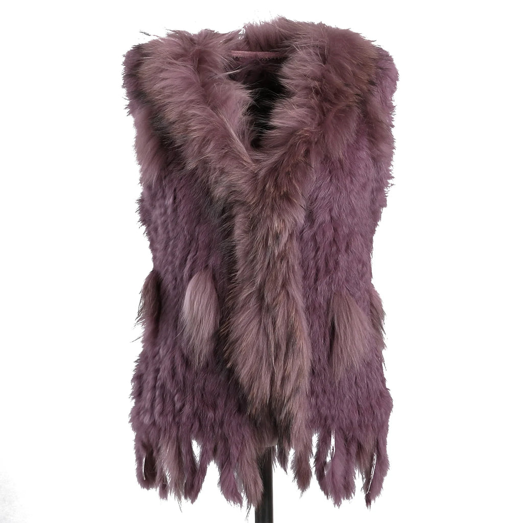 BOONJOVIA Women's 100% Real Rabbit Fur Knitted Vest Raccoon Fur Trim Collar Gilet Lady Fashion Waistcoat For Autumn Winter - Matrix Studios