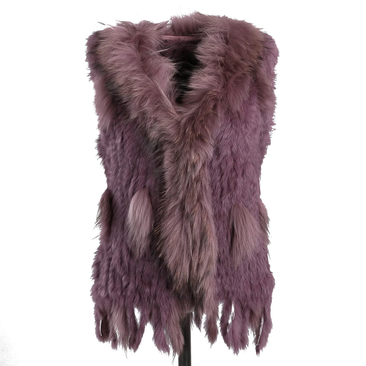BOONJOVIA Women's 100% Real Rabbit Fur Knitted Vest Raccoon Fur Trim Collar Gilet Lady Fashion Waistcoat For Autumn Winter - Matrix Studios