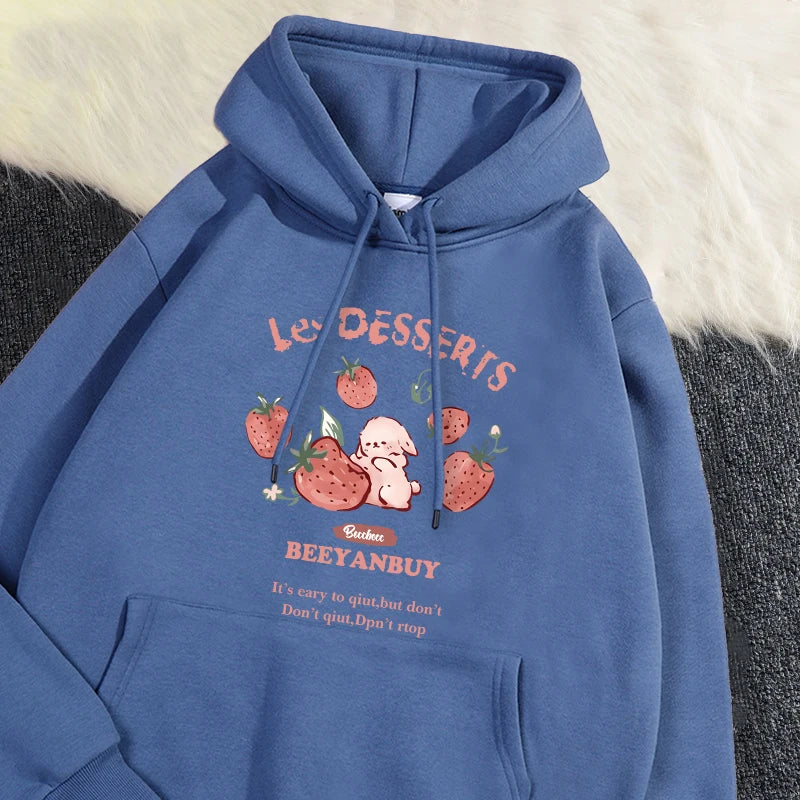 Fashion Women'S Hoodie Cute Strawberry And Rabbit Printed Sweatshirt Pocket Soft Warm Breathable Pullover Autumn Winter Hoody - Matrix Studios