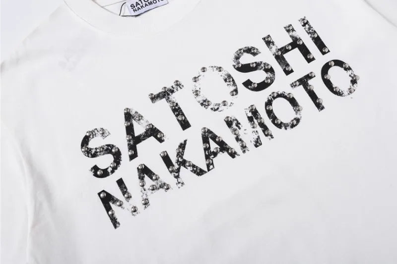 Fading Letter Print Hole SATOSHI Tshirts Breathable Cotton Round Neck Short Sleeve Summer Street Casual Tops Men Women White Tee - Matrix-studios.com