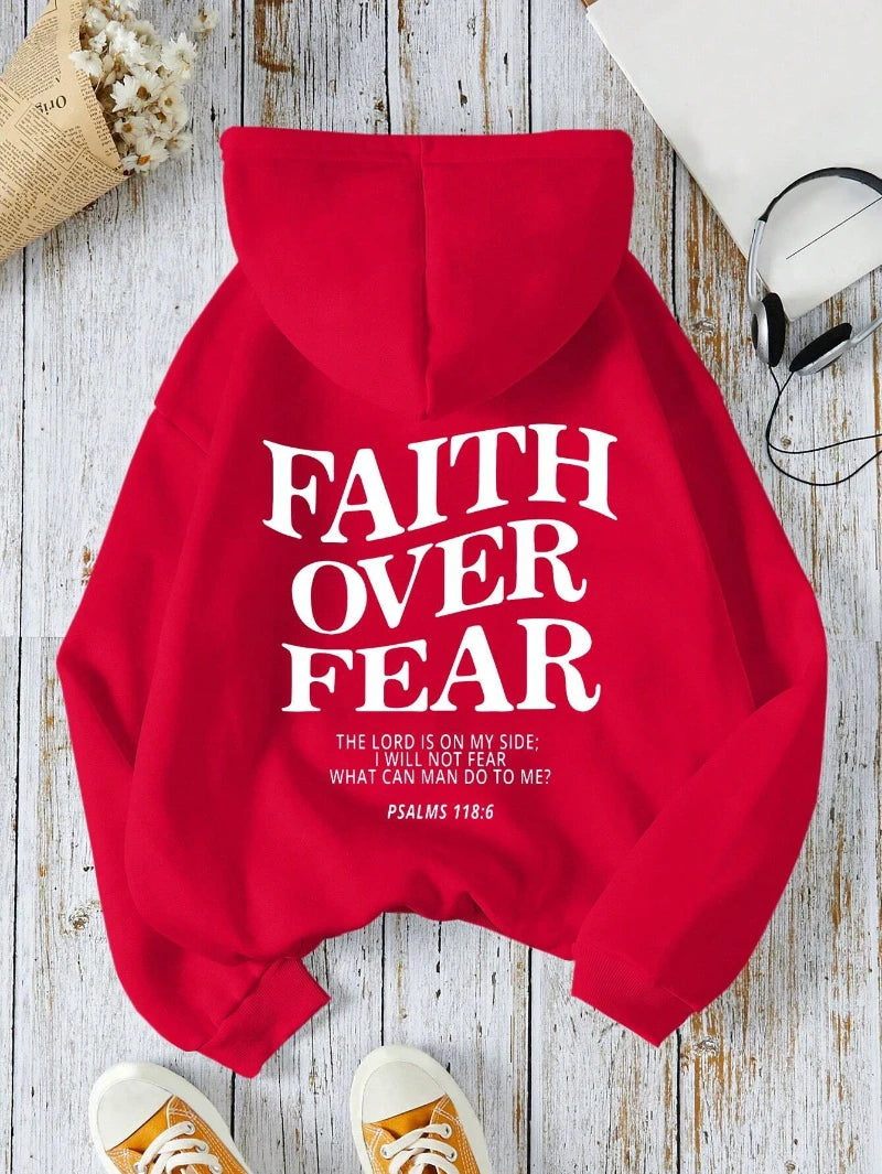 Casual Women's Hoodies Faith Over Fear Letter Printing Sweatshirts Fleece Warm Comfortable Pocket Pullovers Autumn Streetwear - Matrix Studios