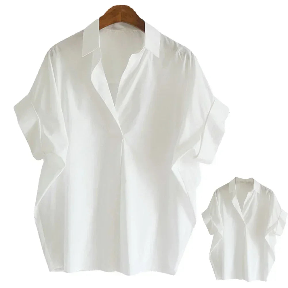 Women Blouses Spring Summer Breathable Simple Short Batwing Sleeve Turn Town Quick Dry Collar Shirts Solid Color Female Clothing - Matrix-studios.com