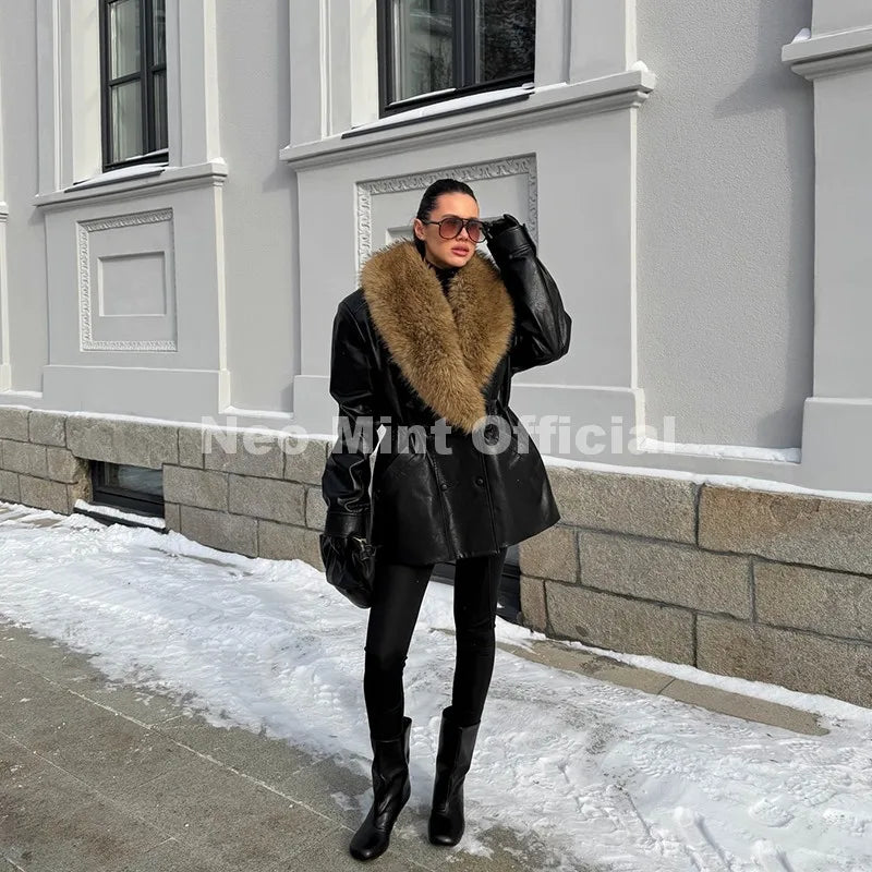Neo Mint Luxury Brand Fashion Design Black Long Faux Leather Coat Women Detachable Fur Collar Oversized PU Leather Jacket Blazer - Matrix Studios