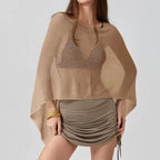 Women Sheer Knit Poncho Top Y2K See Through Crochet Batwing Sleeve Beach Cover Up Poncho Shawl Beach Vacation Outfits - Matrix Studios
